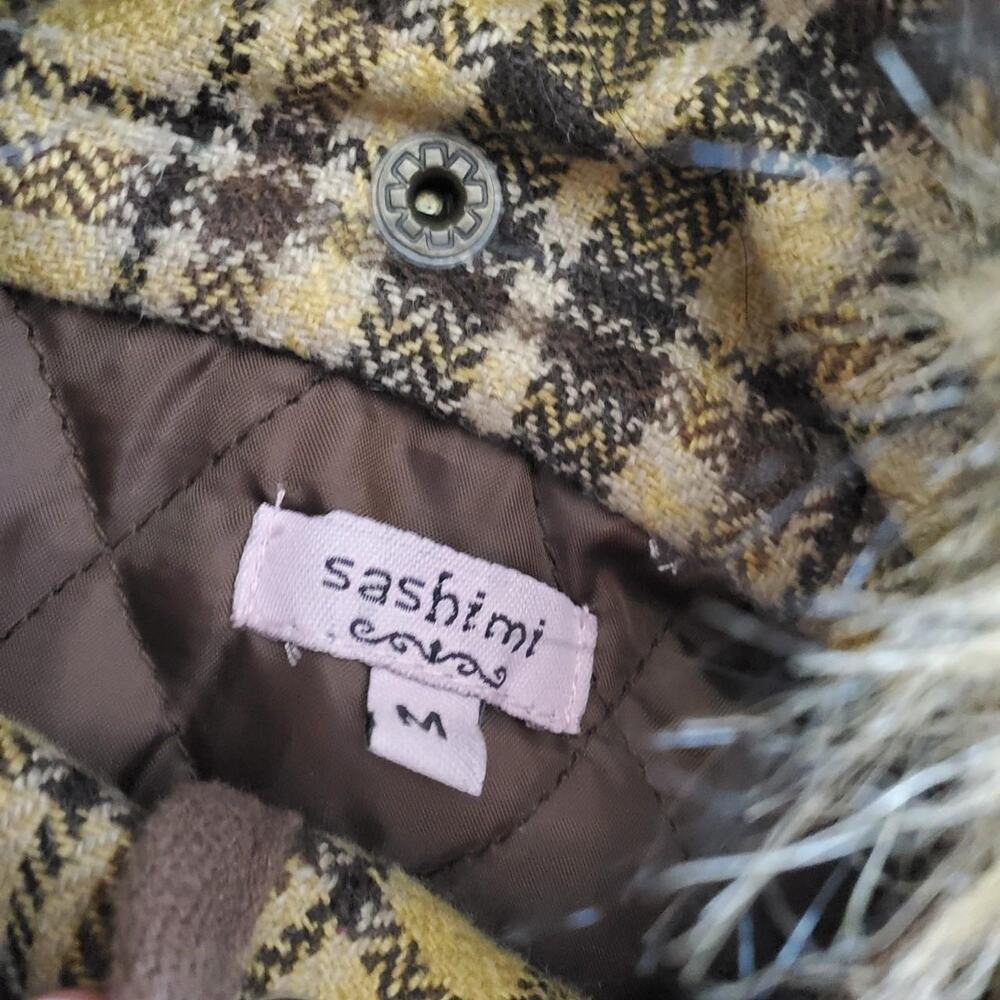y2k Vintage sashimi yellow and brown fur lined hood vest - Picture 5 of 8